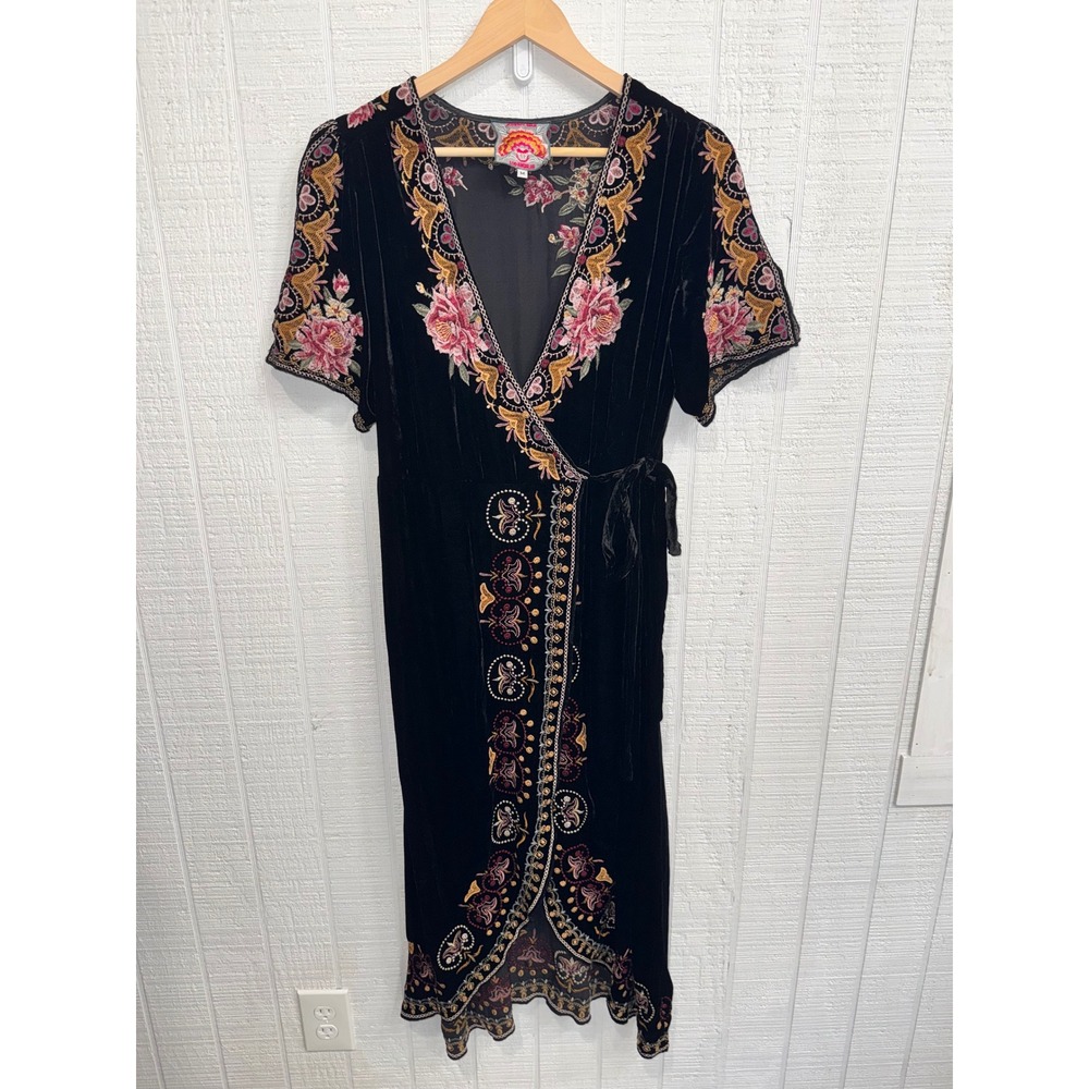 Johnny Was True Wrap Dress Women Black Embroidered Velvet Boho Midi Size M